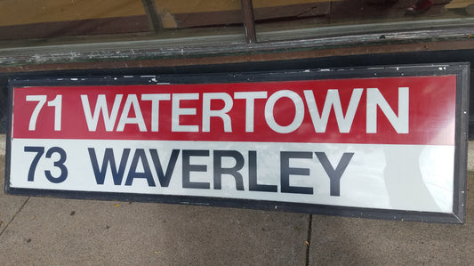 Harvard Station Busway Sign: 71 WATERTOWN; 73 WAVERLEY