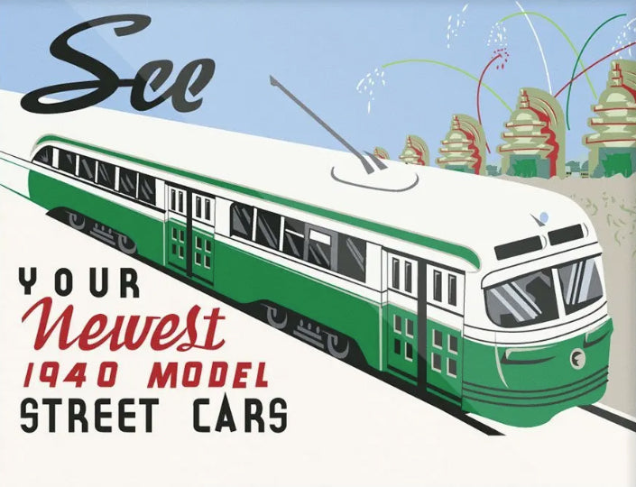 1940 Green Line Trolley with Stylized Text "See your Newest 1940 Model Street Cars"