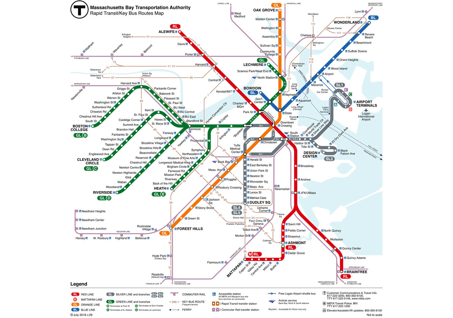 2016 MBTA Rapid Transit w/Key Bus Routes Map