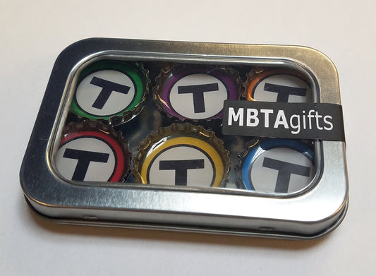 Set of 6 "T" Logo Bottlecap Magnets; Green, Red, Purple, Yellow, Orange, Blue