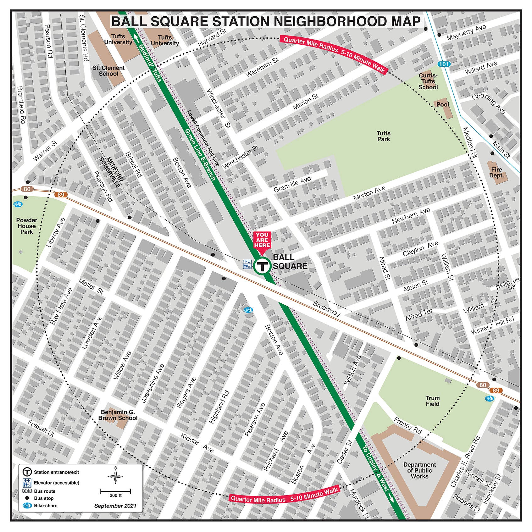 Green Line Station Neighborhood Map: Ball Square (Sept. 2021)