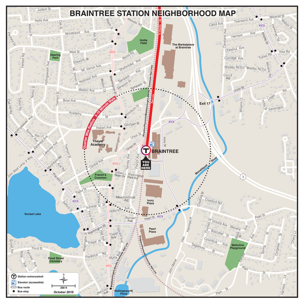 Red Line Station Neighborhood Map: Braintree (Oct. 2018)