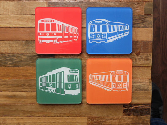 Set of Four MBTA Vehicle Coasters: Red Line Subway Car, Blue Line Subway Car, Green Line Trolley, Orange Line Subway Car