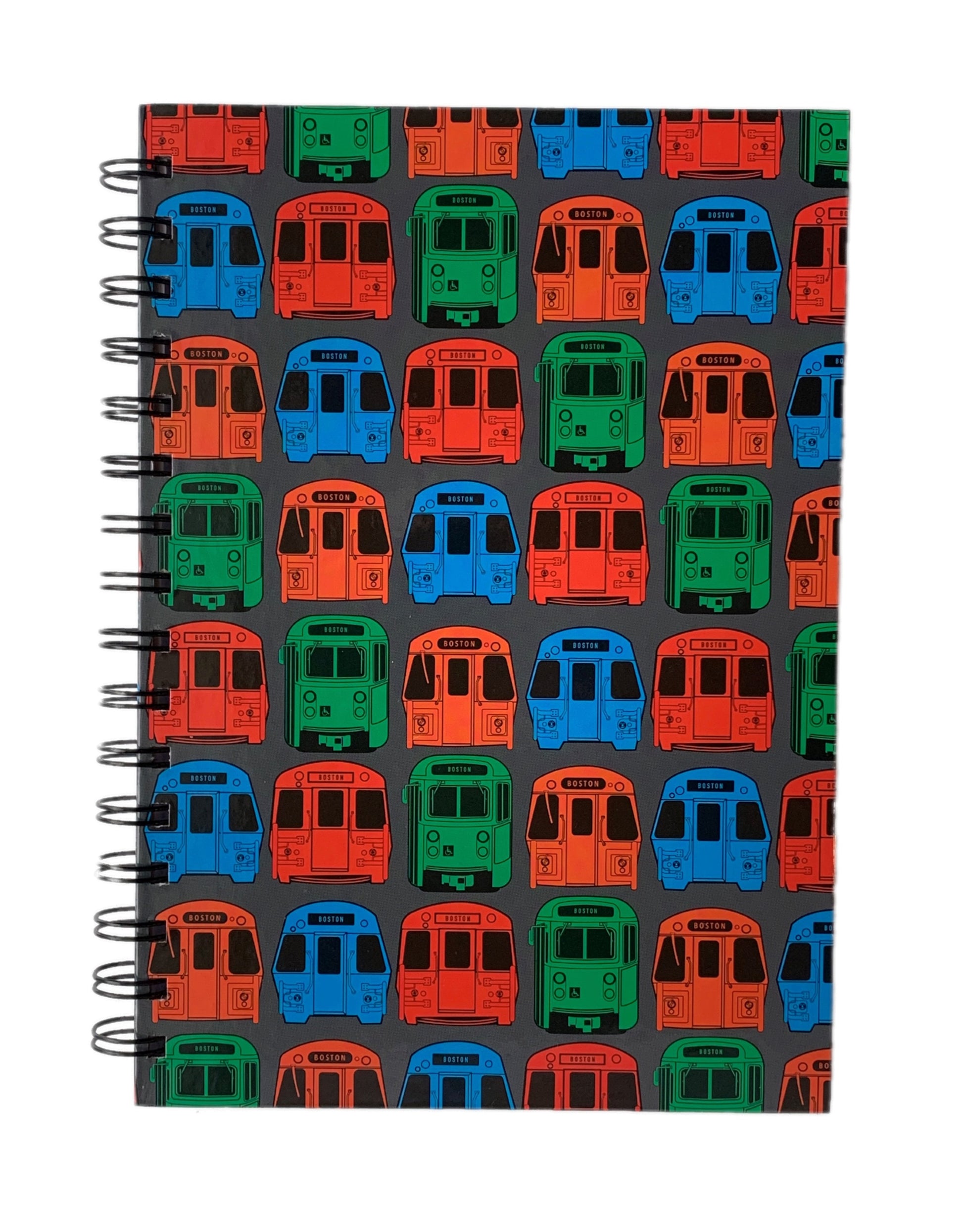 Charcoal Spiral Notebook with Colorful Boston MBTA Vehicles Pattern