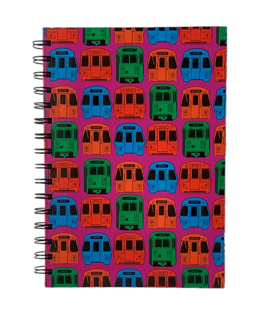 Pink Spiral Notebook with Colorful Boston MBTA Vehicles Pattern