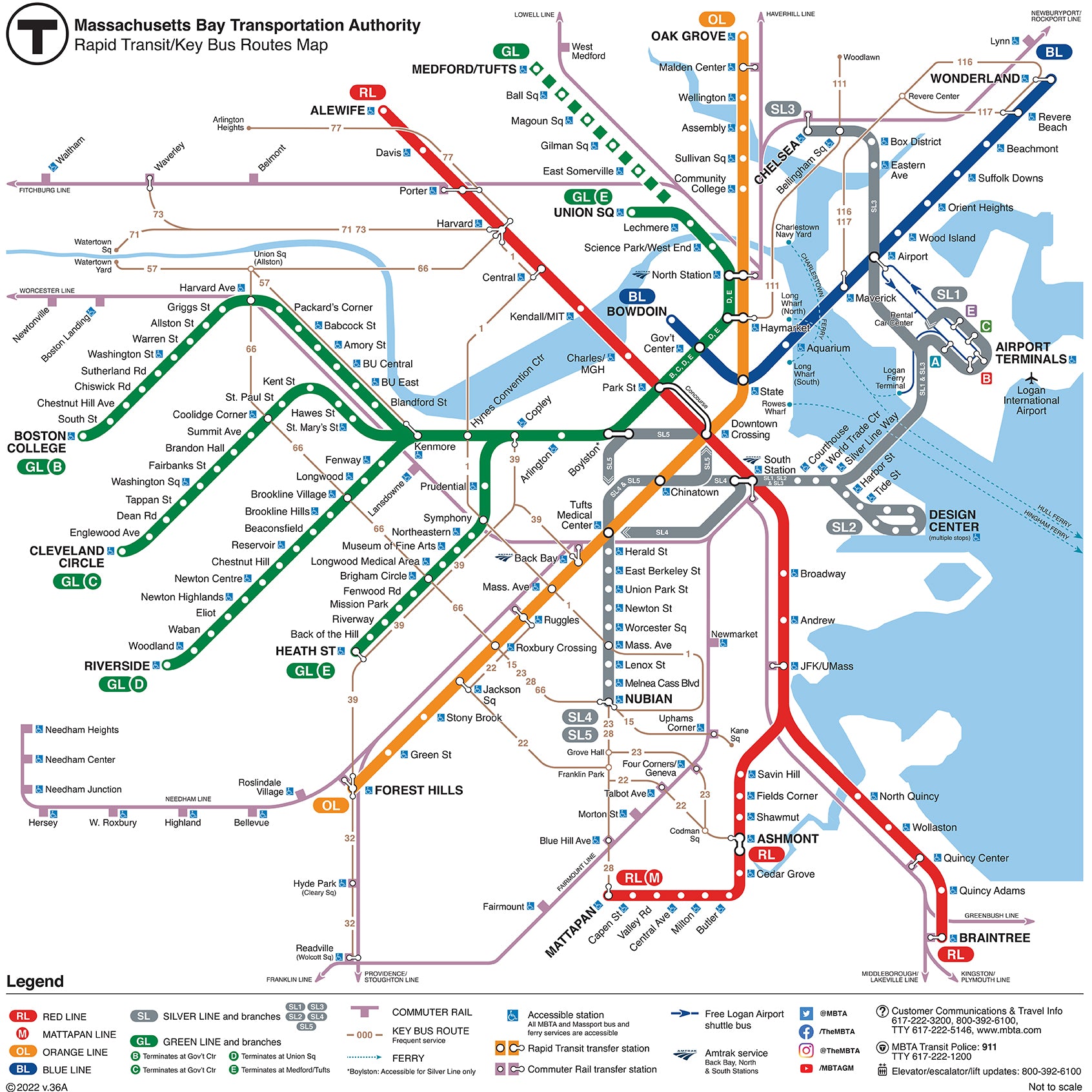 2022 MBTA Rapid Transit / Key Bus Routes Map (March 2022)