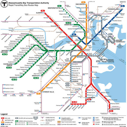 2022 MBTA Rapid Transit / Key Bus Routes Map (March 2022)