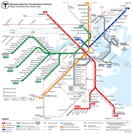 2018 MBTA Rapid Transit / Key Bus Routes Map (v.31A)