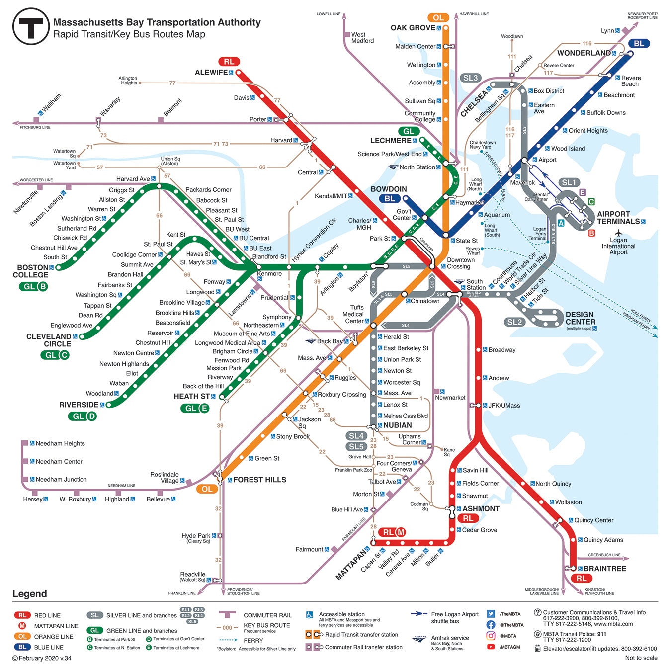 2020 MBTA Rapid Transit / Key Bus Routes Map (Feb. 2020)