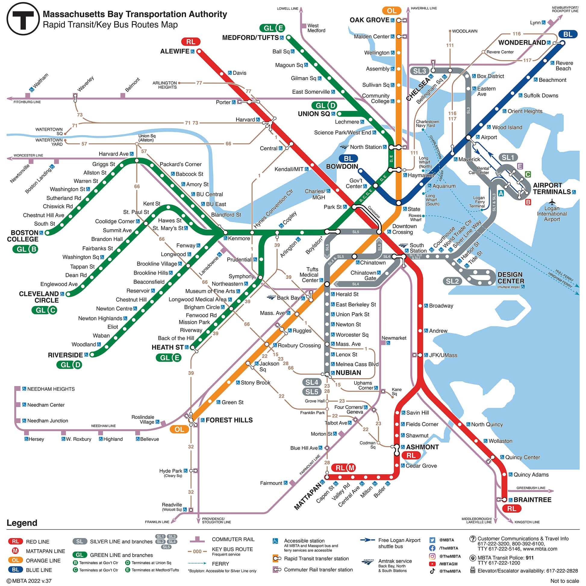 2022 MBTA Rapid Transit / Key Bus Routes Map with GLX (Nov. 2022 ...