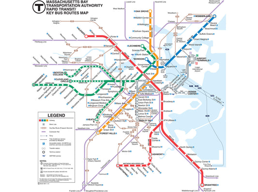 2011 MBTA Rapid Transit Map w/Key Bus Routes