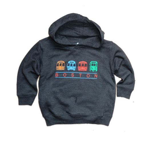 Charcoal Gray Hoodie with an Orange Line Subway Car, Blue Line Subway Car, Red Line Subway Car, and Green Line Trolley; "BOSTON" printed underneath the vehicles