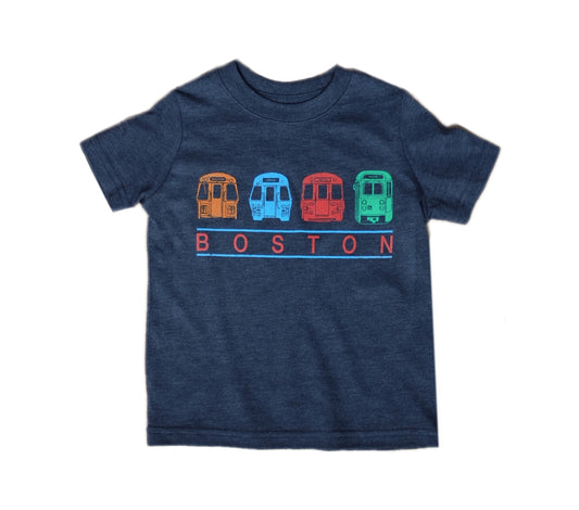 Heather Navy T-Shirt with an Orange Line Subway Car, Blue Line Subway Car, Red Line Subway Car, and Green Line Trolley; "BOSTON" printed underneath the vehicles
