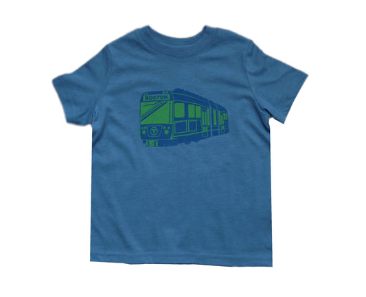Heather Indigo T-Shirt with Dark Blue and Lime Green MBTA "Type 9" Green Line Trolley