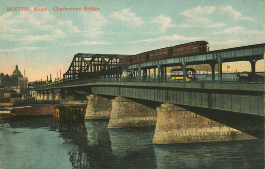 Vintage Postcard: Charlestown Bridge with Rapid Transit Train and Streetcar