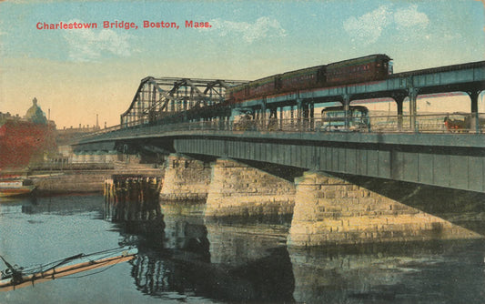Vintage Postcard: Charlestown Bridge with El Train and Streetcar