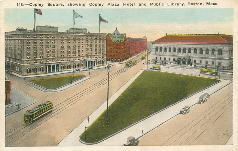 Vintage Postcard: Copley Square; Copley Plaza Hotel and Public Library with Streetcar