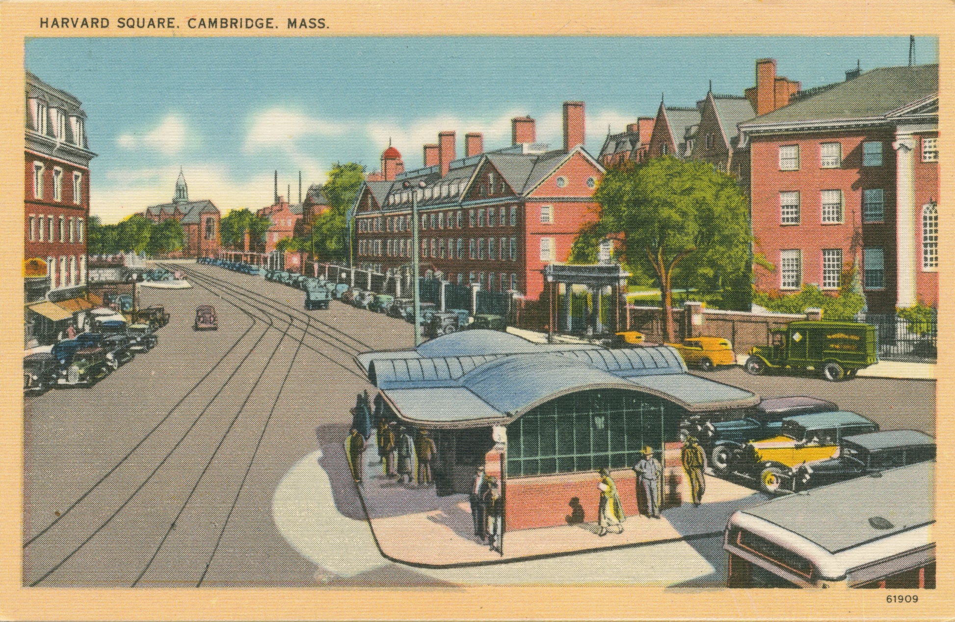 Vintage Postcard: Harvard Square showing Streetcars