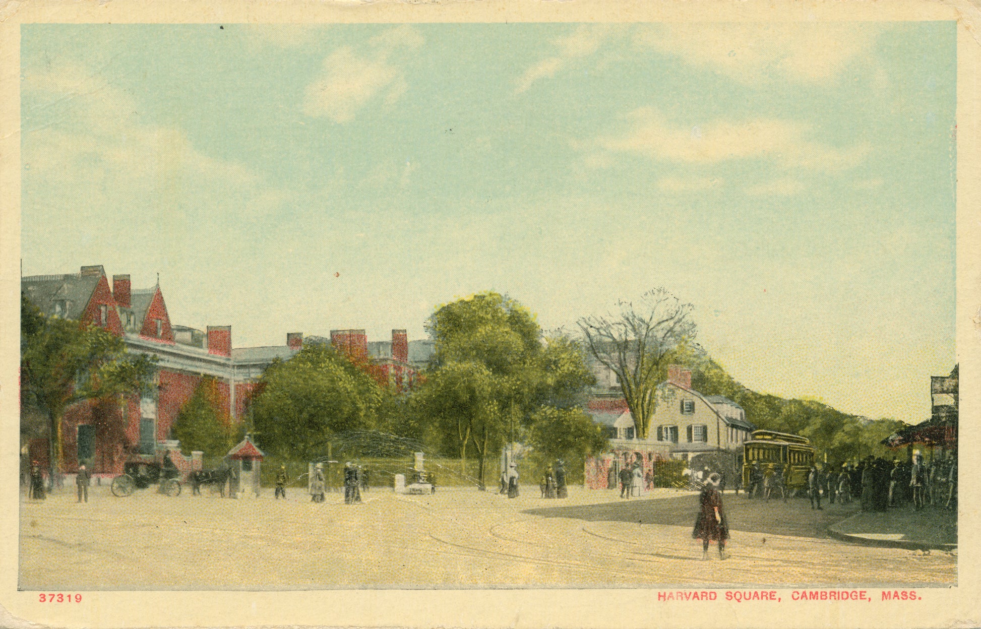 Vintage Postcard: Harvard Square showing Streetcar
