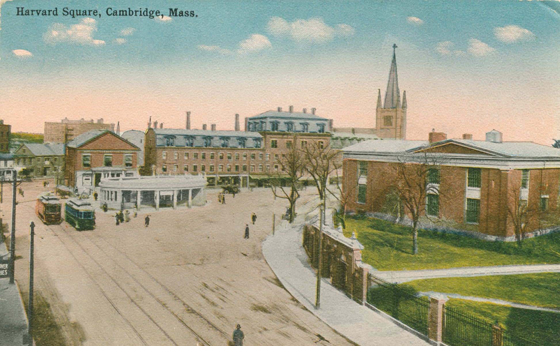 Vintage Postcard: Harvard Square showing Streetcars