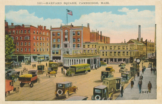 Vintage Postcard: Harvard Square showing Subway Entrance