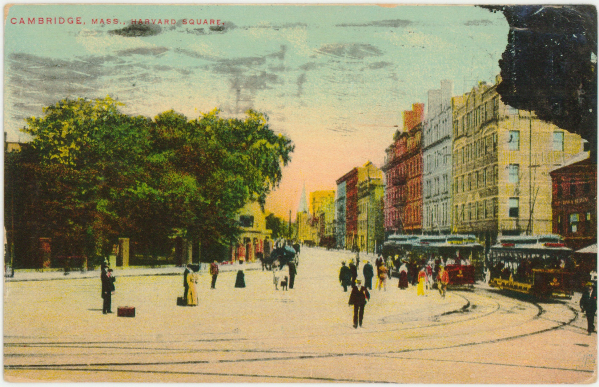 Vintage Postcard: Harvard Square showing Cambridge Common and Streetcars