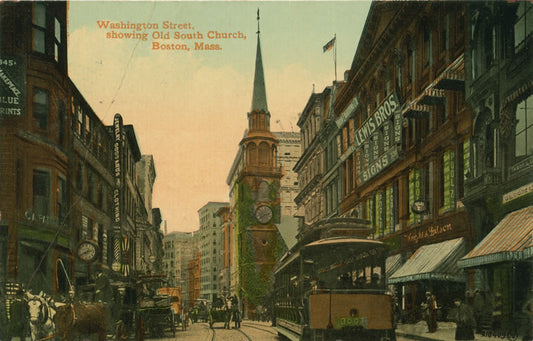 Vintage Postcard: Washington Street Trolleys Showing Old South Church
