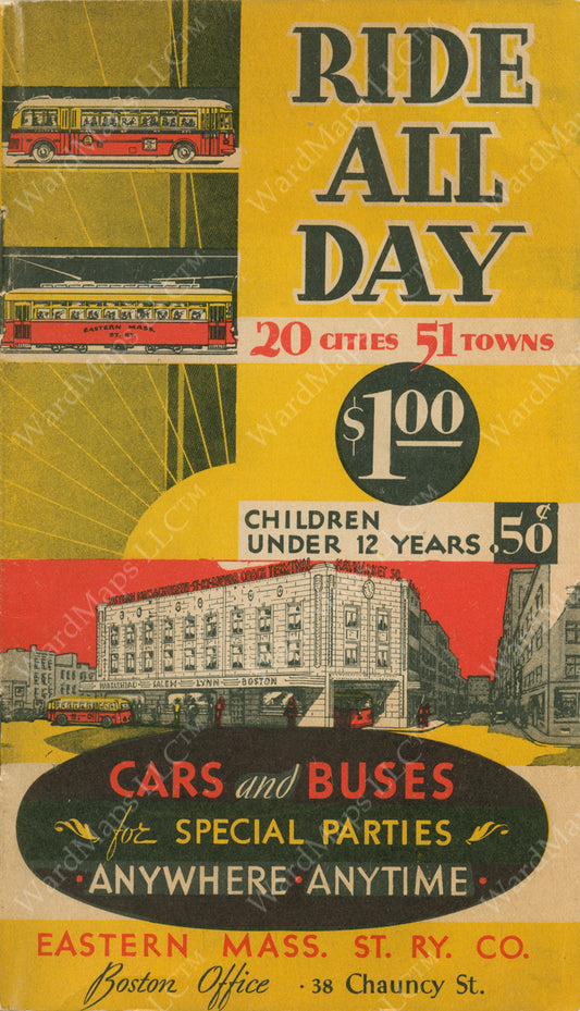 Eastern Mass. Street Railway Co. “Ride All Day for $1” Brochure Cover 1936